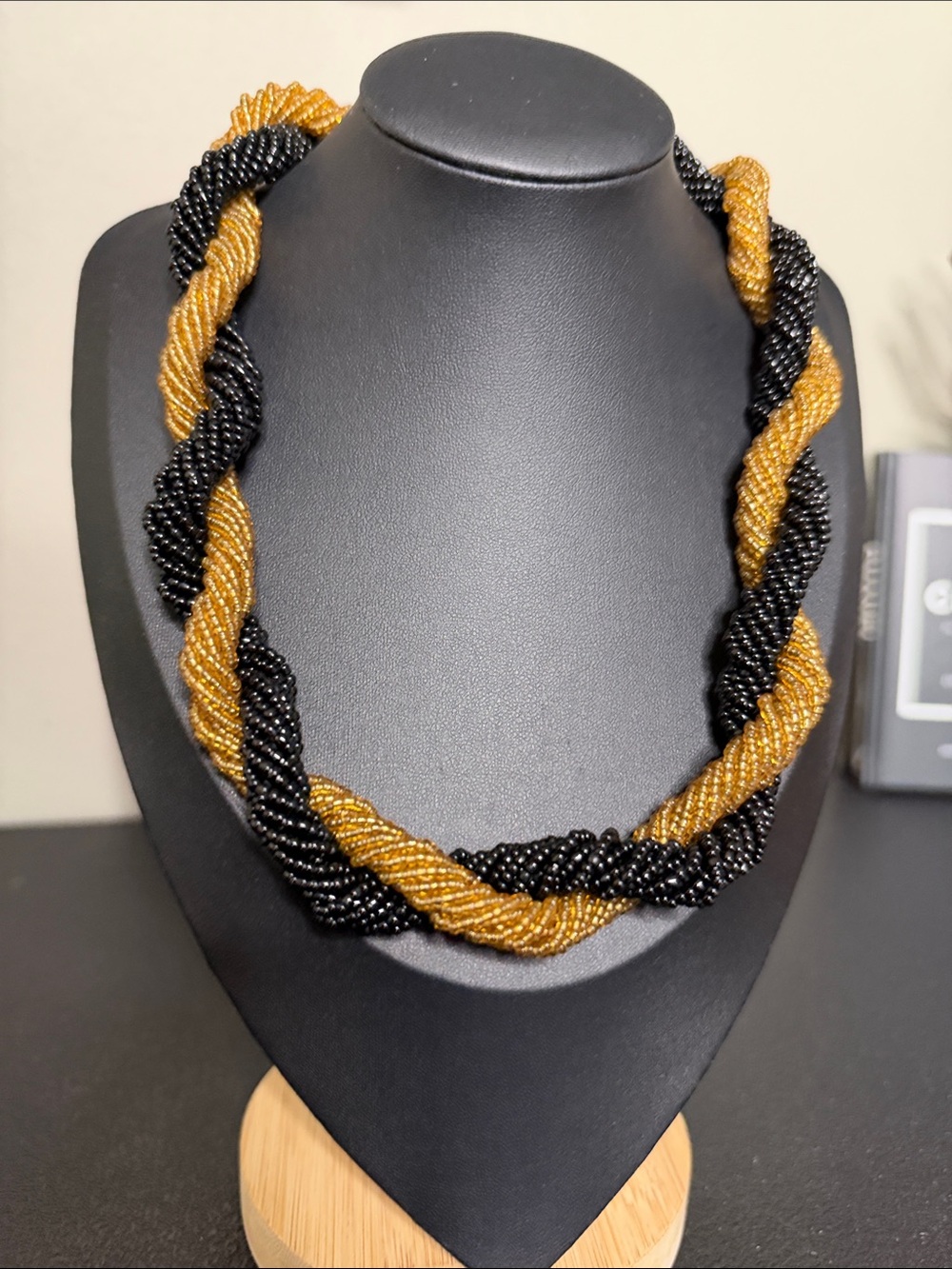 Vintage Glass Black Gold Twisted Seed Bead Necklace Statement Jewelry